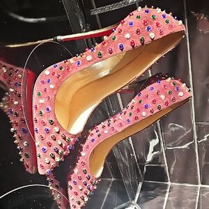 Christian Louboutin Burgundy Suede Studded Pumps with Multicolor Spikes